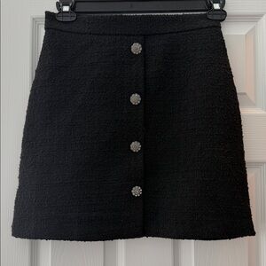 Divided Black Textured Mini Skirt with Button Detail